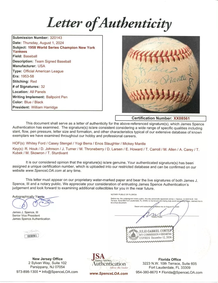 1958 New York Yankees Team Signed (32 Signatures) Vintage OAL Ball Mickey Mantle Casey Stengel Yogi Berra Enos Slaughter Mel Allen JSA LOA