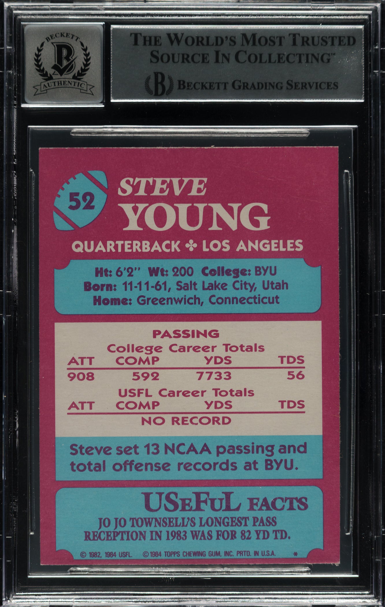 1984 Topps USFL Steve Young Signed HOF 2005 Rookie Card #52 XRC BGS 10 Autograph
