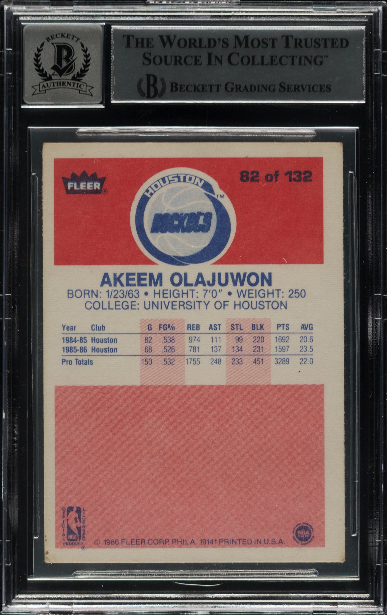 1986 Fleer Hakeem Olajuwon Signed #82 Rookie Card w/NSCRIPTION Beckett AUTO 10