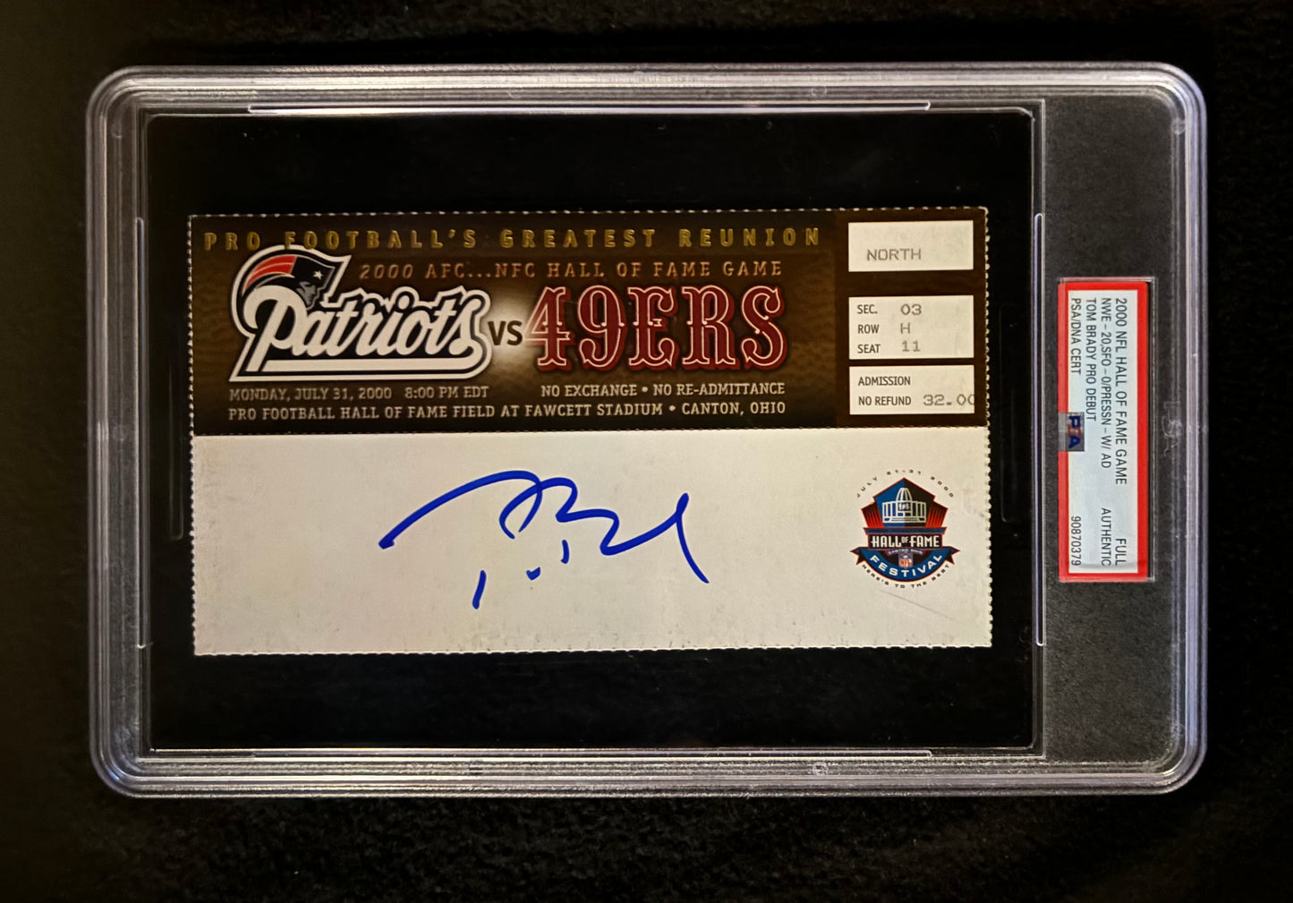 2000 Tom Brady Signed Rookie Debut HOF Game Full Ticket w/Ad Tab Fanatics & PSA