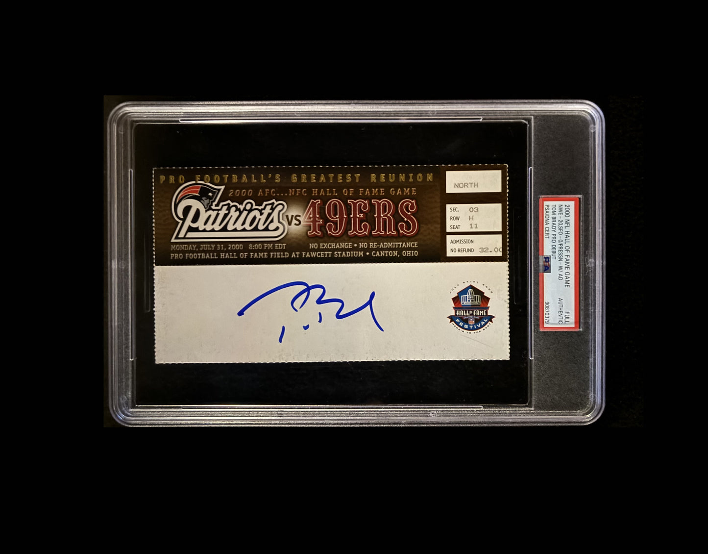 2000 Tom Brady Signed Rookie Debut HOF Game Full Ticket w/Ad Tab Fanatics & PSA