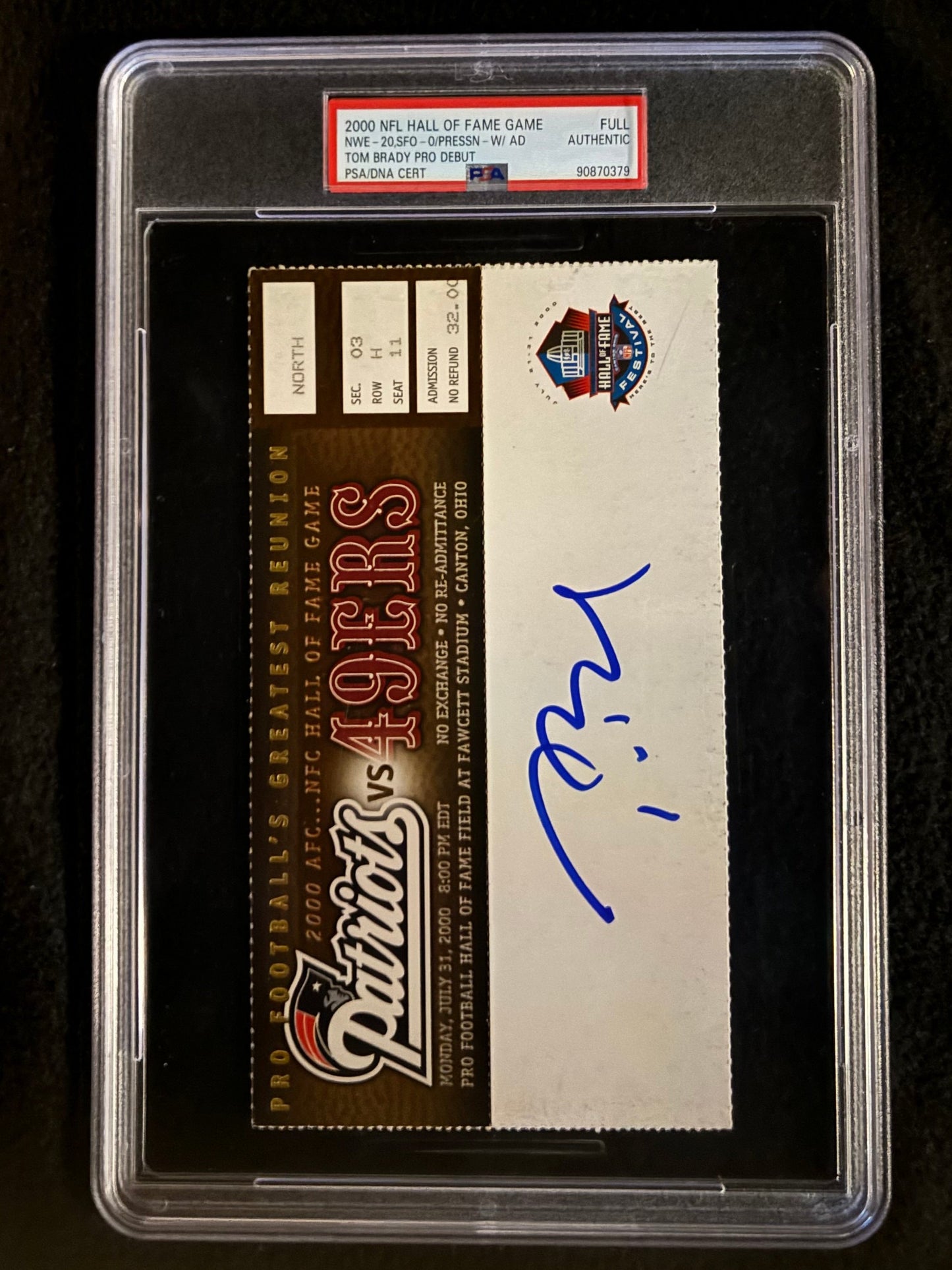 2000 Tom Brady Signed Rookie Debut HOF Game Full Ticket w/Ad Tab Fanatics & PSA