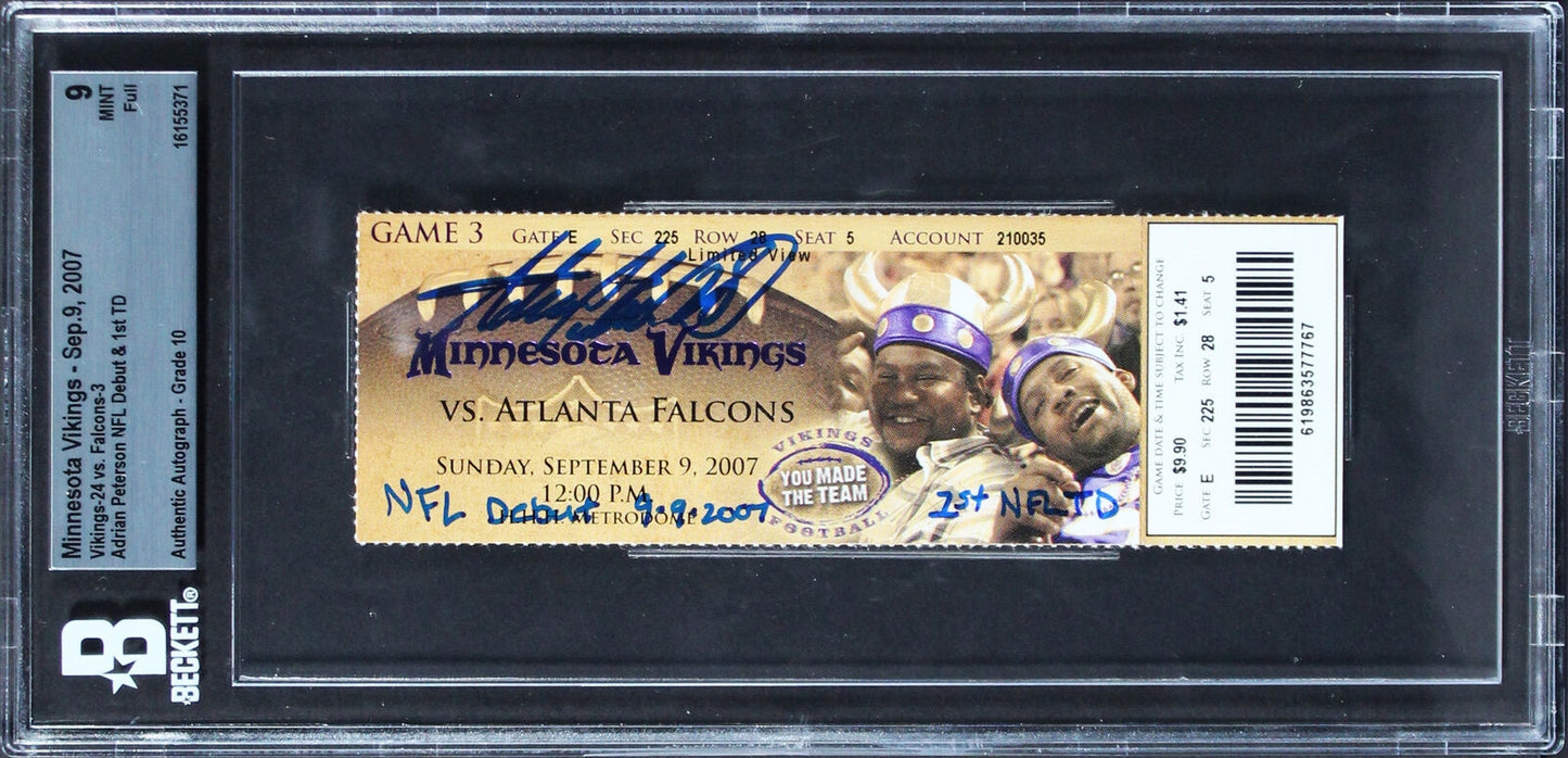 2007 Vikings vs Falcons Adrian Peterson NFL Debut Full Ticket Signed BGS 9 w/10