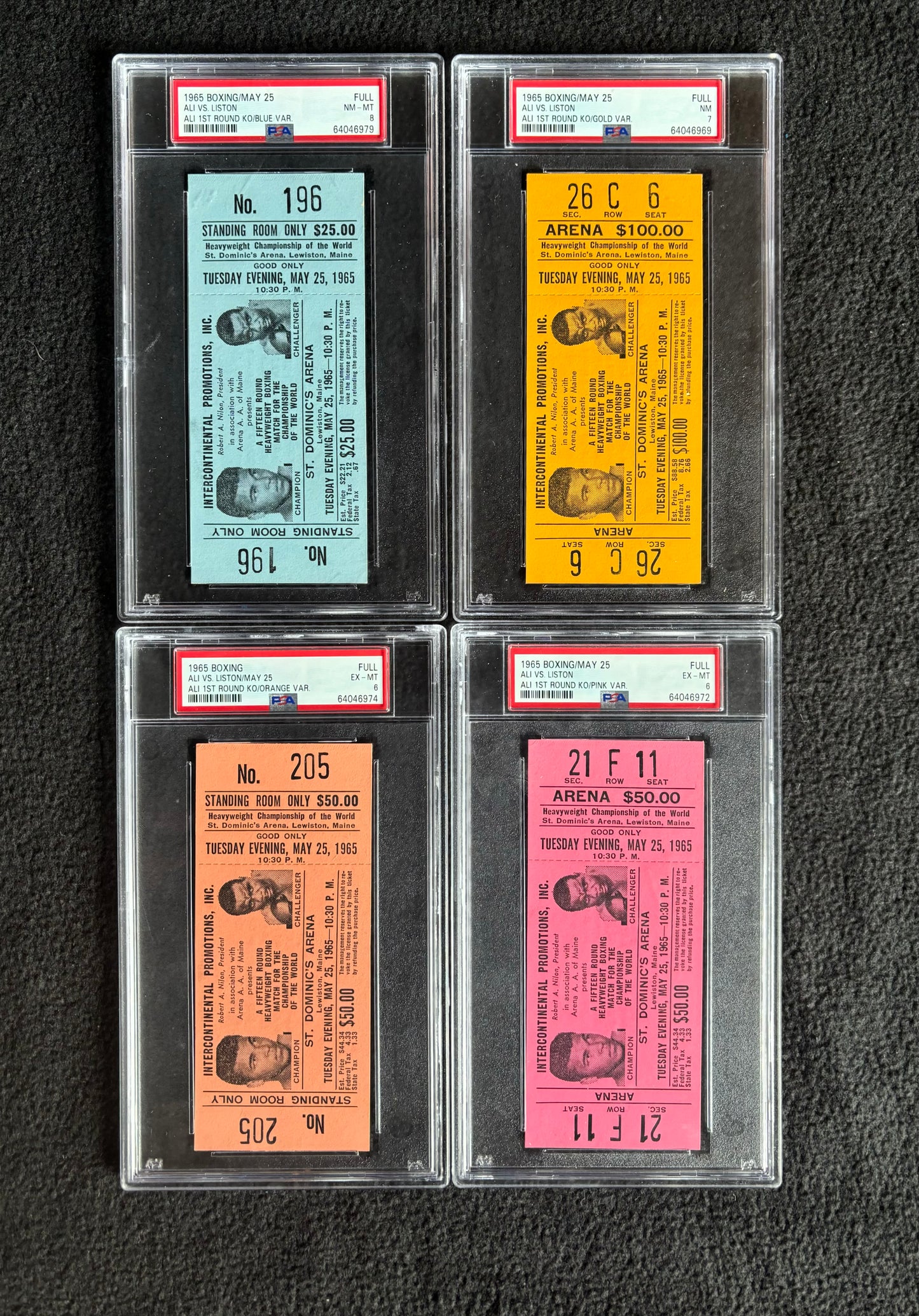 1965 Muhammad Ali vs Sonny Liston Full Ticket Lot All 4 Variations PSA 6 7 8