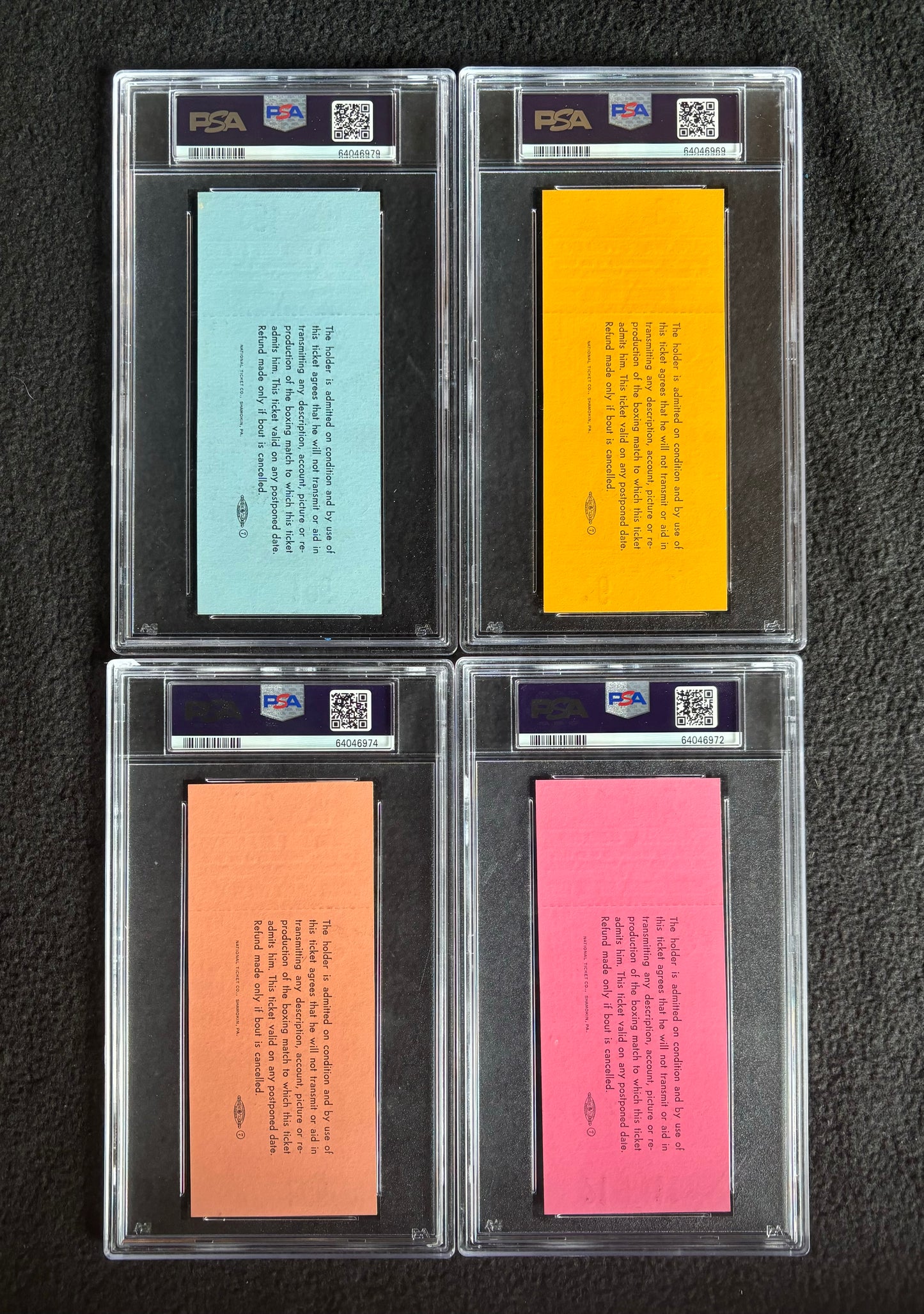 1965 Muhammad Ali vs Sonny Liston Full Ticket Lot All 4 Variations PSA 6 7 8