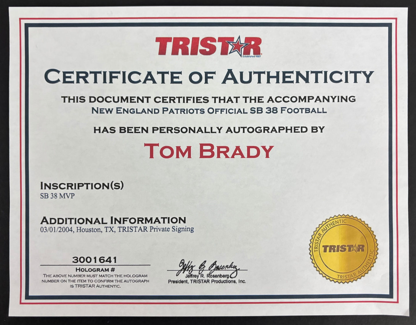 Tom Brady Patriots Signed & Inscribed Super Bowl XXXVIII Game Ball Tri Star w/Case
