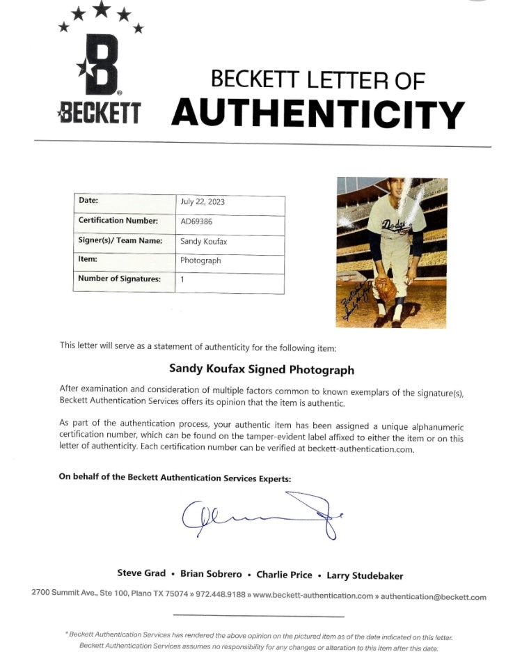 Sandy Koufax Signed & Inscribed 8x10 Photo Dodgers BOLD Signature Beckett LOA