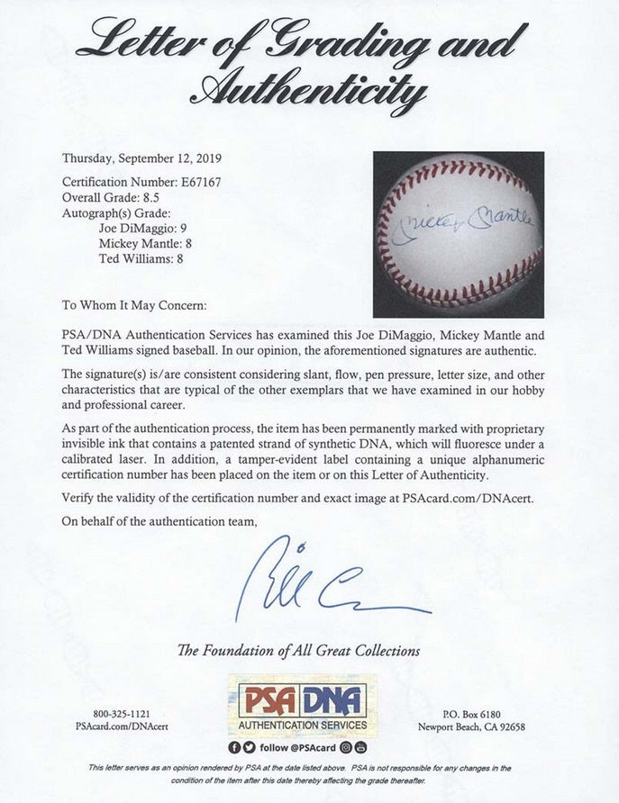 Mickey Mantle Ted Williams Joe Dimaggio Signed OAL Baseball PSA 8.5 CLEAN BALL