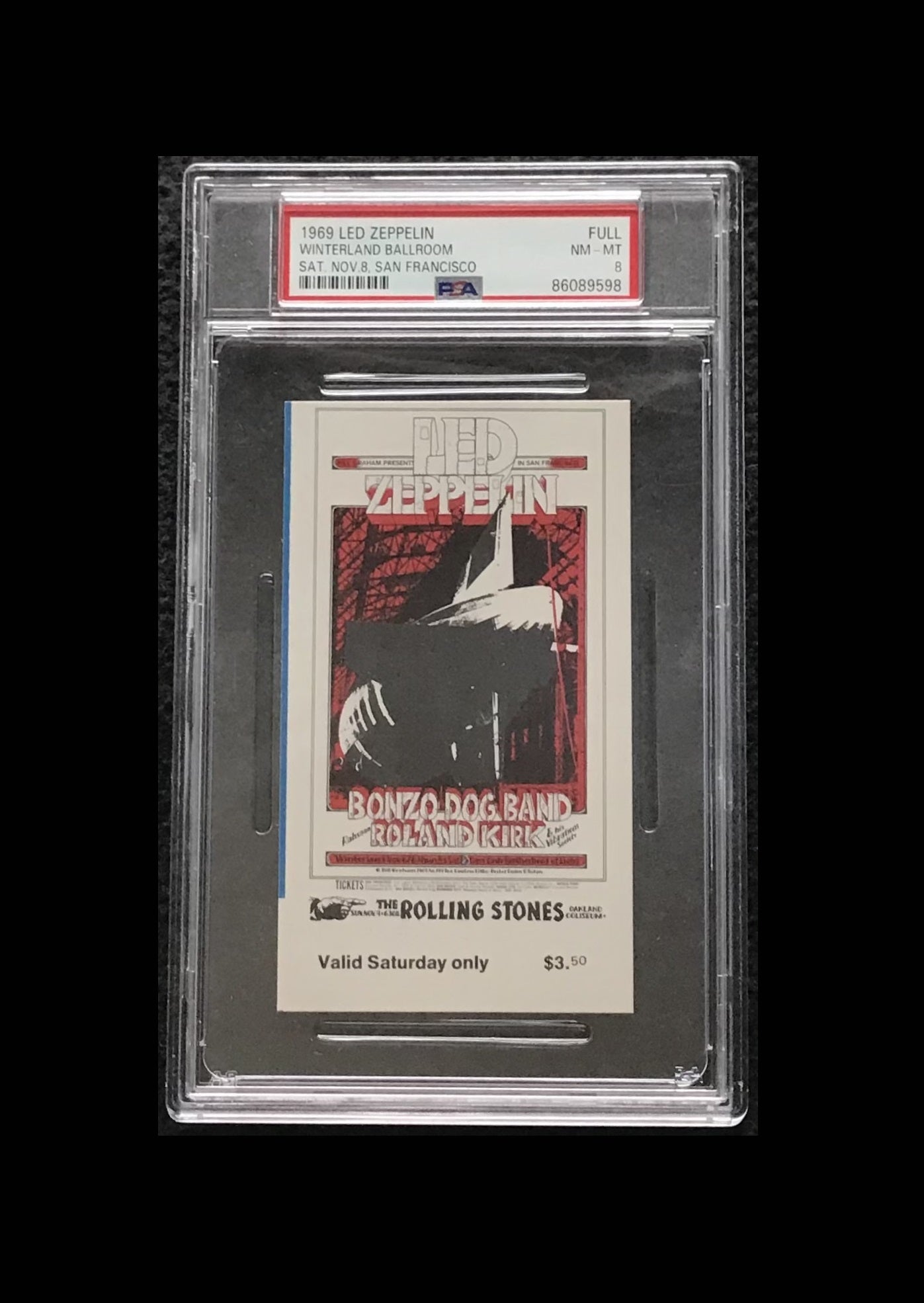 1969 Led Zeppelin Winterland Ballroom San Francisco 11/8/69 Concert Full Ticket PSA 8