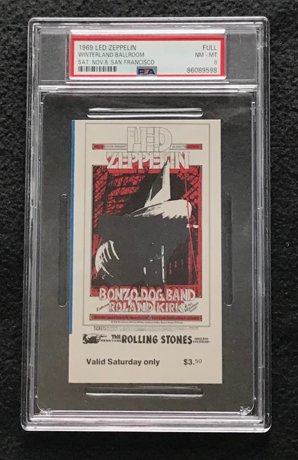 1969 Led Zeppelin Winterland Ballroom San Francisco 11/8/69 Concert Full Ticket PSA 8