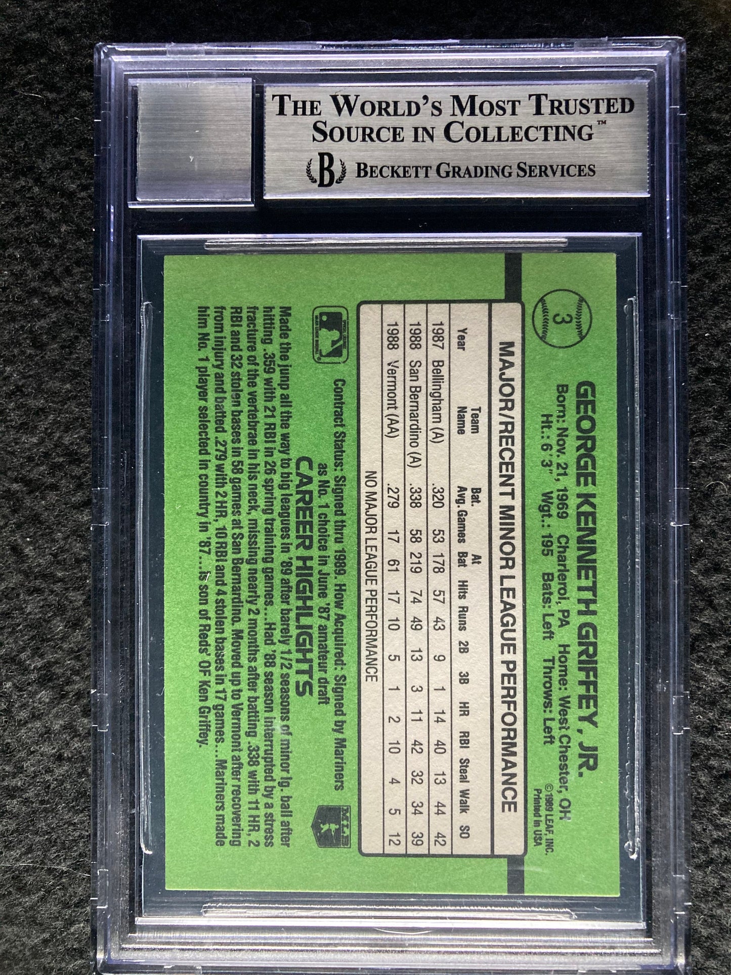1989 Donruss Ken Griffey Jr Signed Rookie Card BAS Beckett 10