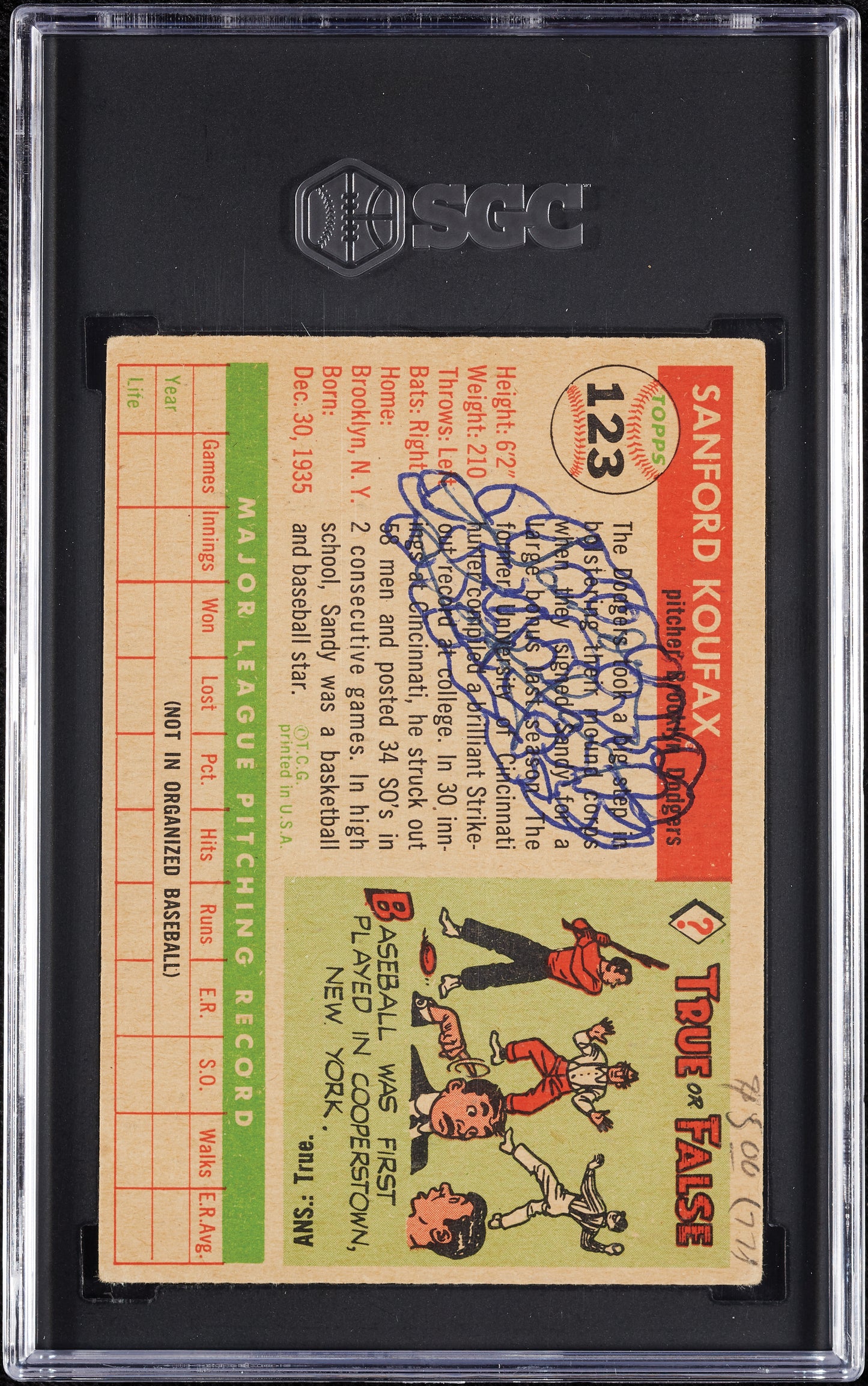 1955 Topps Sandy Koufax #123 Brooklyn Dodgers SGC 1 Rookie Card RC EX+ Front