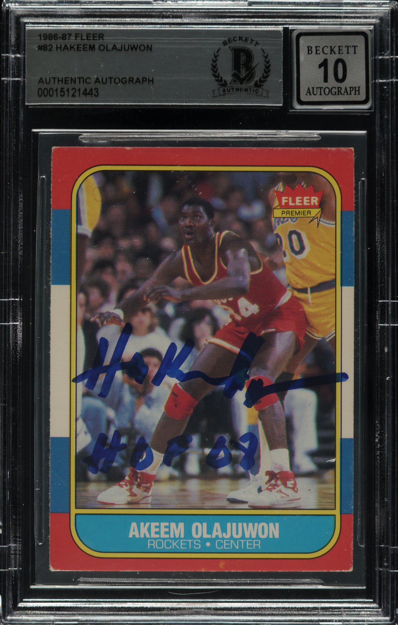 1986 Fleer Hakeem Olajuwon Signed #82 Rookie Card w/NSCRIPTION Beckett AUTO 10