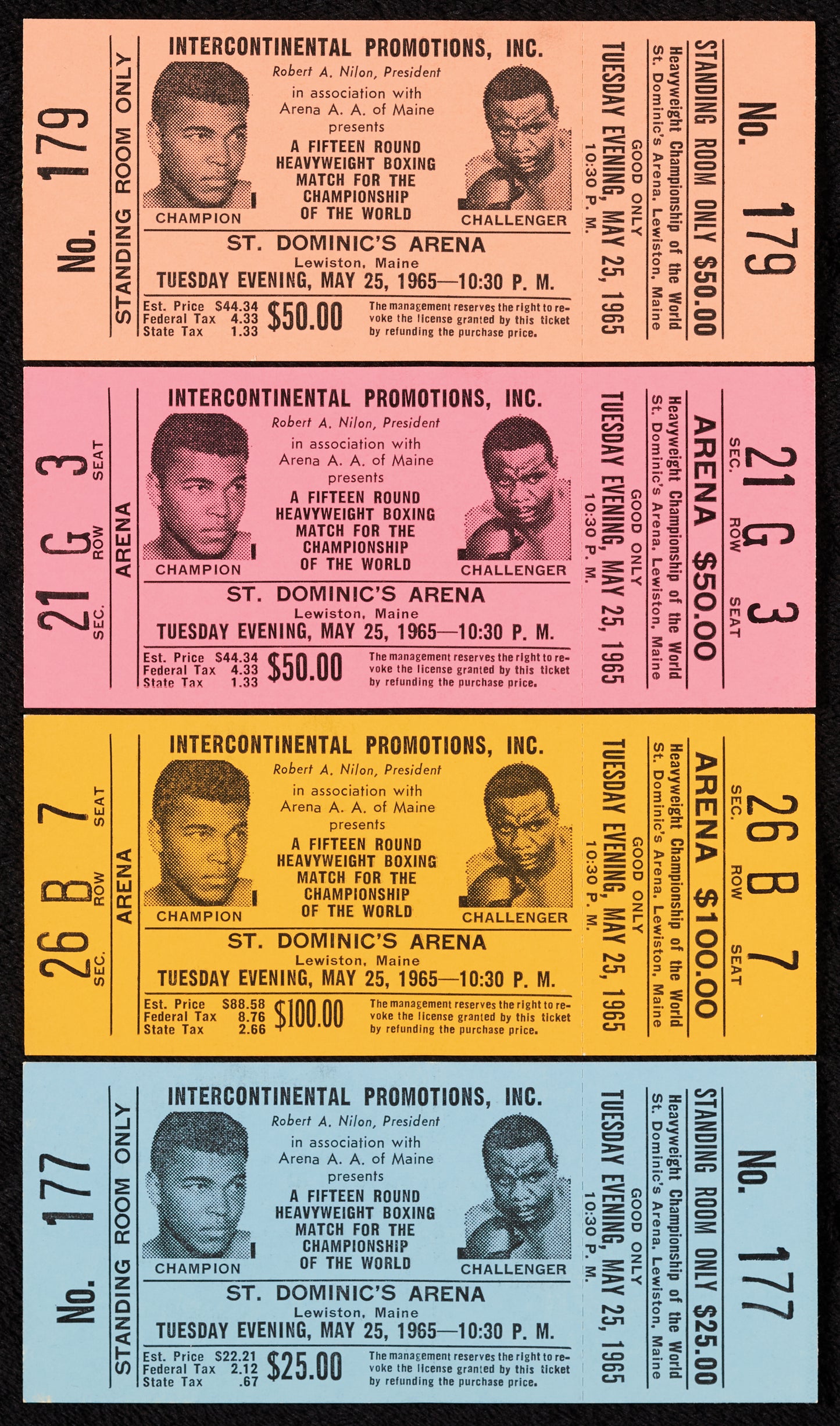 1965 Muhammad Ali vs Sonny Liston Complete Full Ticket Lot 4 Color Variations