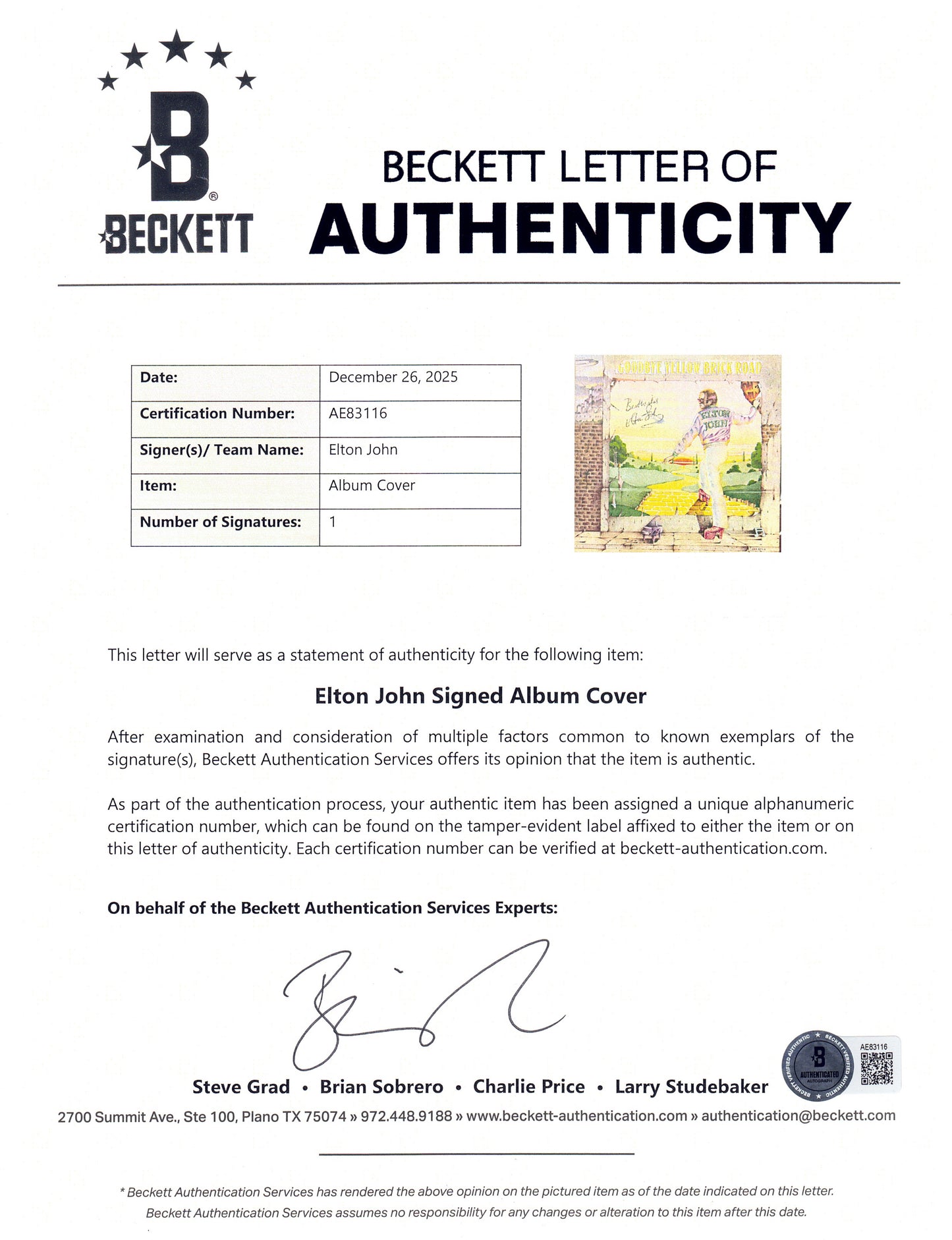 Elton John Early Signed 1973 Goodbye Yellow Brick Road UK First Pressing Beckett