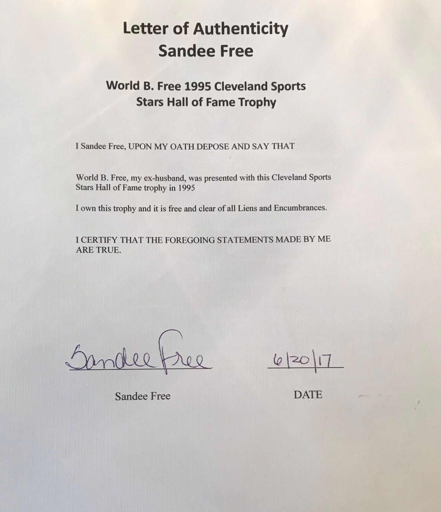 World B. Free Personally Owned Cleveland Sports Stars Hall of Fame Award from 1995 W/COA