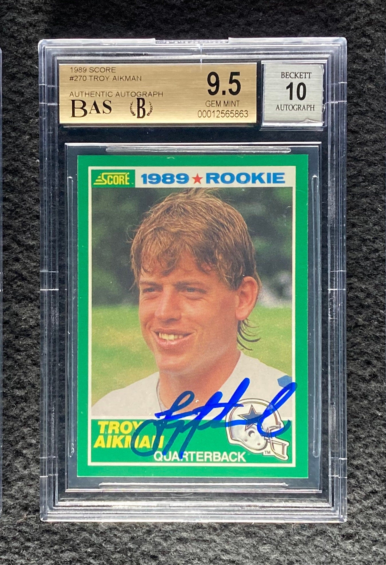 Troy Aikman 1989 Score Signed Rookie Card BAS 9.5 w/10 Auto