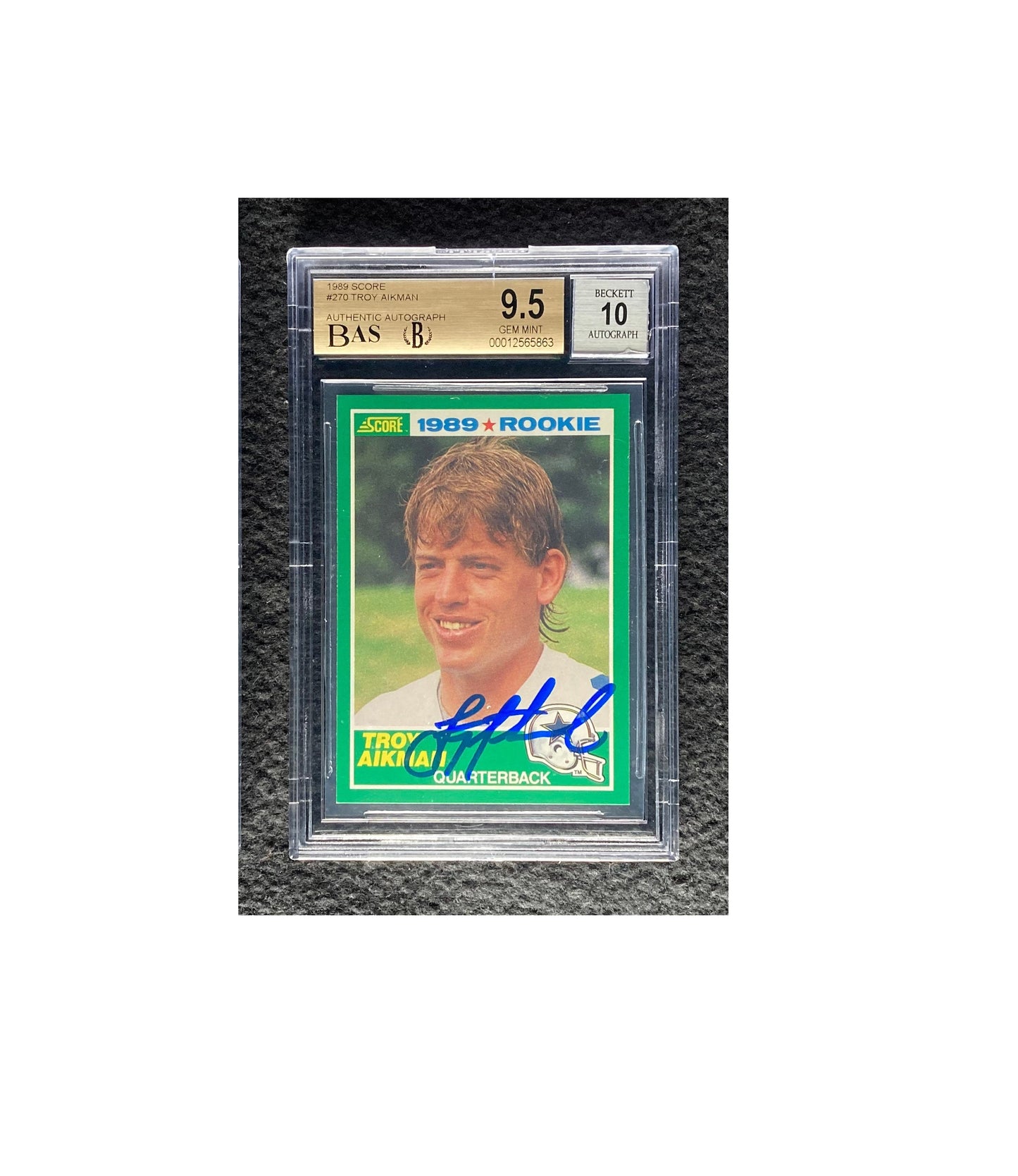 Troy Aikman 1989 Score Signed Rookie Card BAS 9.5 w/10 Auto