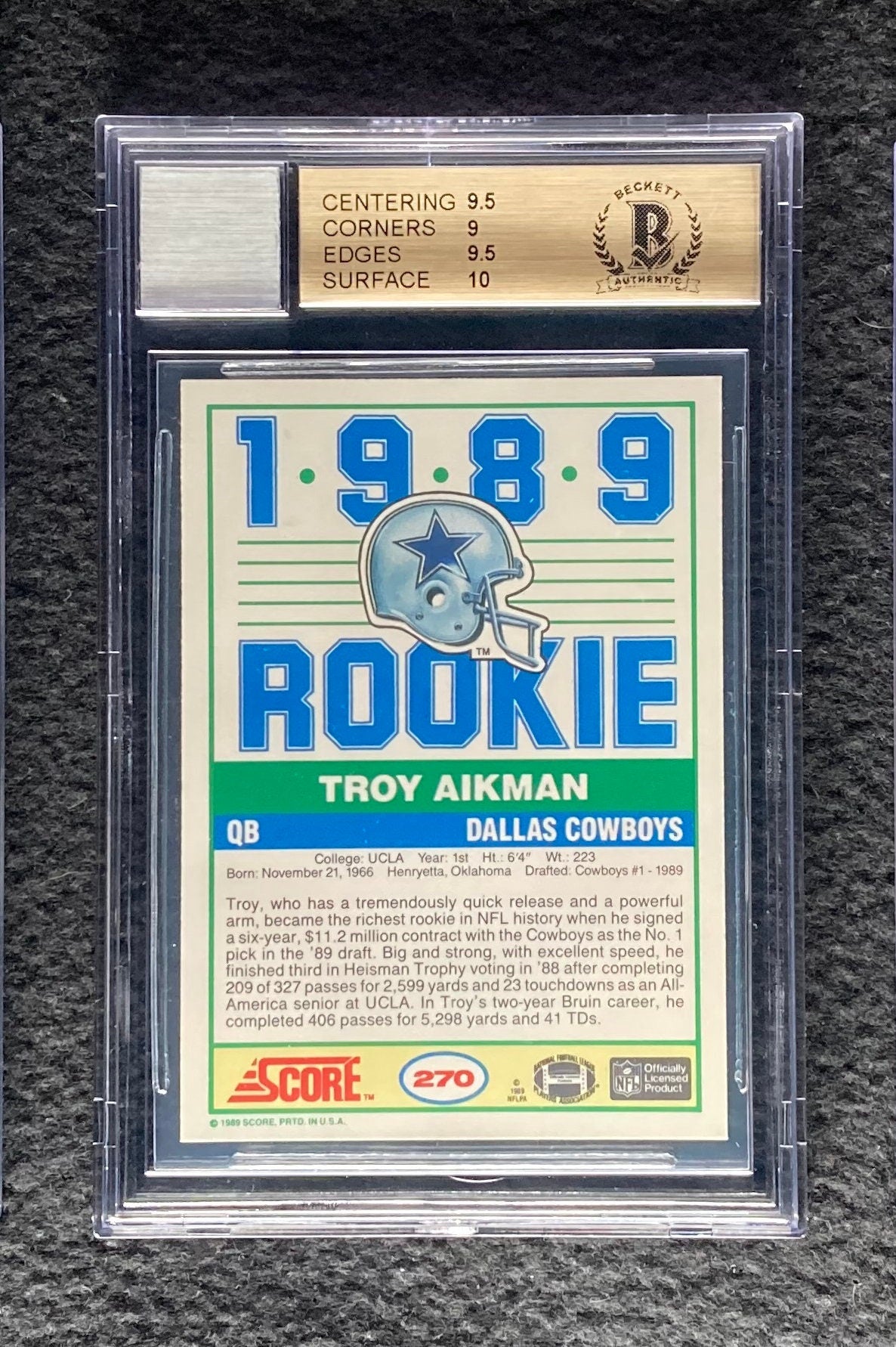 Troy Aikman 1989 Score Signed Rookie Card BAS 9.5 w/10 Auto